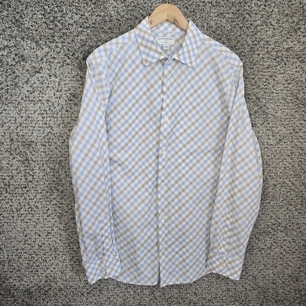 Banana Republic Shirt Mens Large 16-16.5 Blue Plaid Button Up Slim Fit Casual